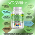 Load image into Gallery viewer, Oregano Oil supplement ingredients: olive leaf, garlic, elderberry, black seed with vitamin D3 K2 - Kun Shafi label