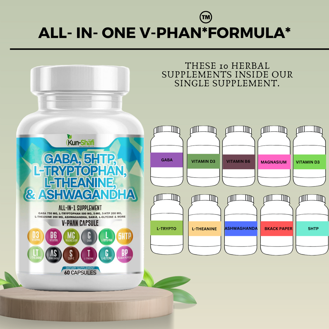 GABA, 5-HTP, L-Tryptophan, L-Theanine & Ashwagandha Supplement – Natural Stress Relief, Mood Support & Relaxation for Men & Women