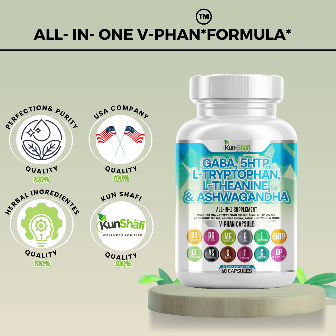 GABA, 5-HTP, L-Tryptophan, L-Theanine & Ashwagandha Supplement – Natural Stress Relief, Mood Support & Relaxation for Men & Women