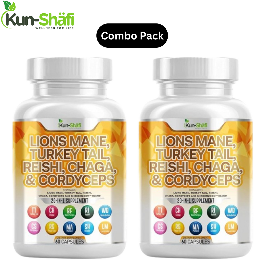 Lion’s Mane 3000mg 20-in-1 Mushroom Supplement with Turkey Tail, Reishi, Cordyceps, Chaga, Maitake, Meshima, – Pack of 2 (120 Caps)
