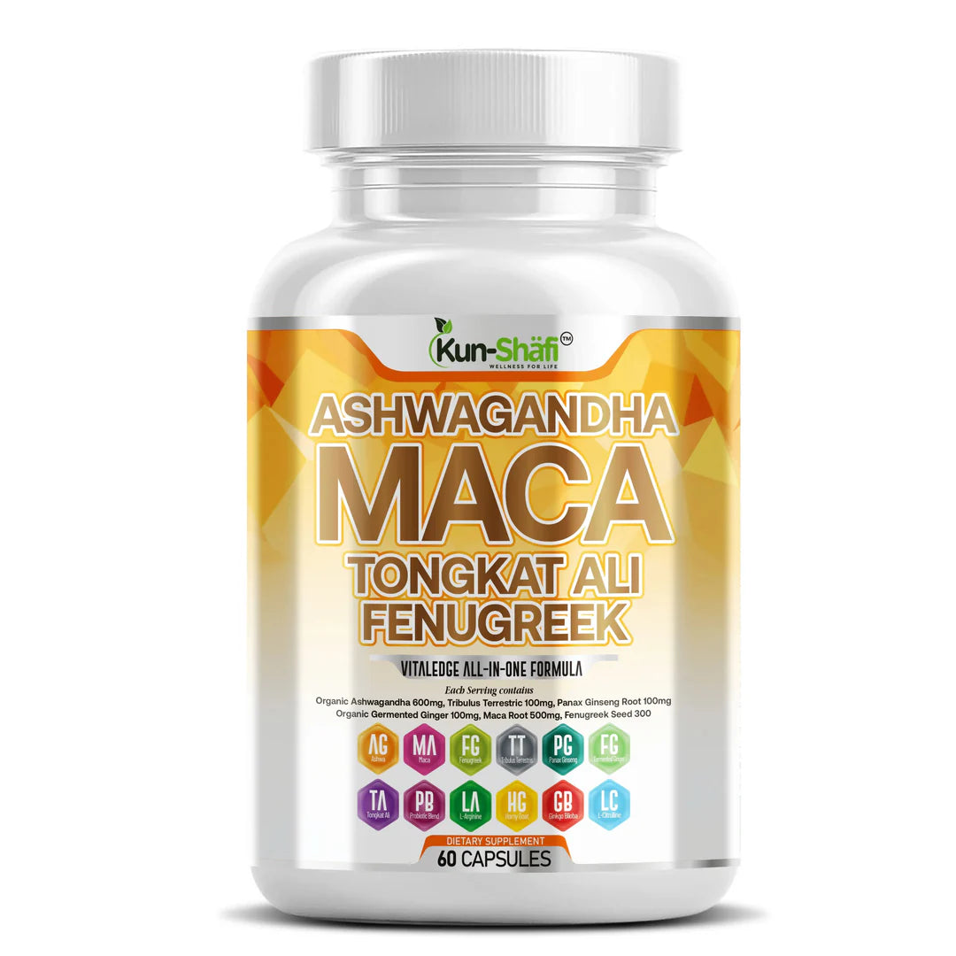 Kun Shafi Ashwagandha Maca Tongkat Ali Fenugreek capsules - natural energy, strength and vitality booster, 60 count