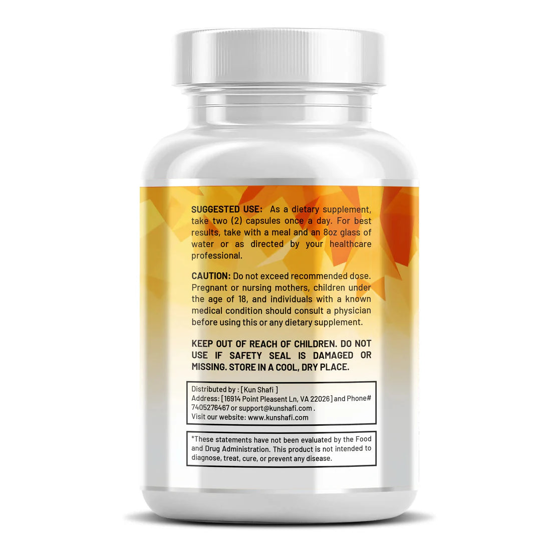 Kun Shafi Ashwagandha Maca Tongkat Ali supplement facts panel - 60 vegan capsules