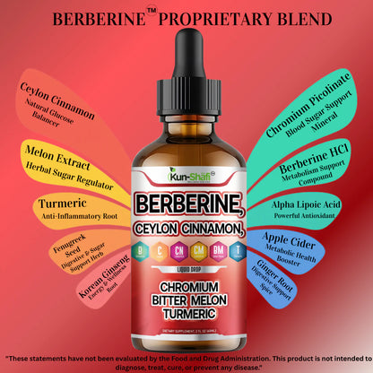 Berberine drops ingredients label: Ceylon cinnamon, chromium, bitter melon, turmeric - Kun Shafi