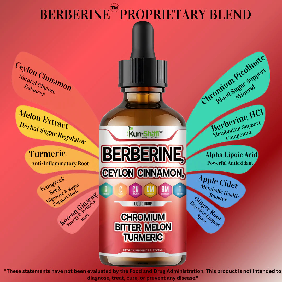 Berberine drops ingredients label: Ceylon cinnamon, chromium, bitter melon, turmeric - Kun Shafi