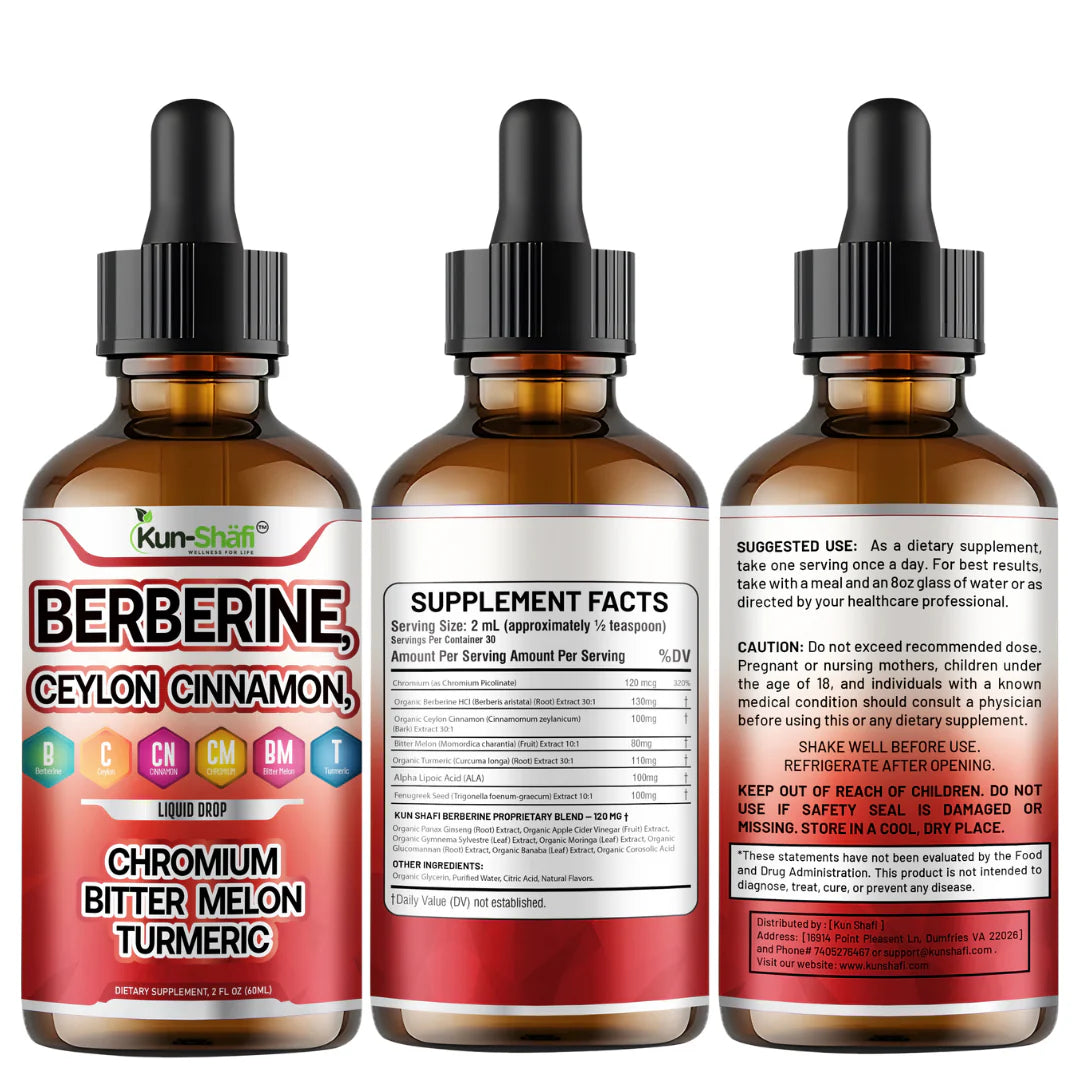 Kun Shafi Berberine Liquid Drops with dropper and dosage details - 60ml natural supplement