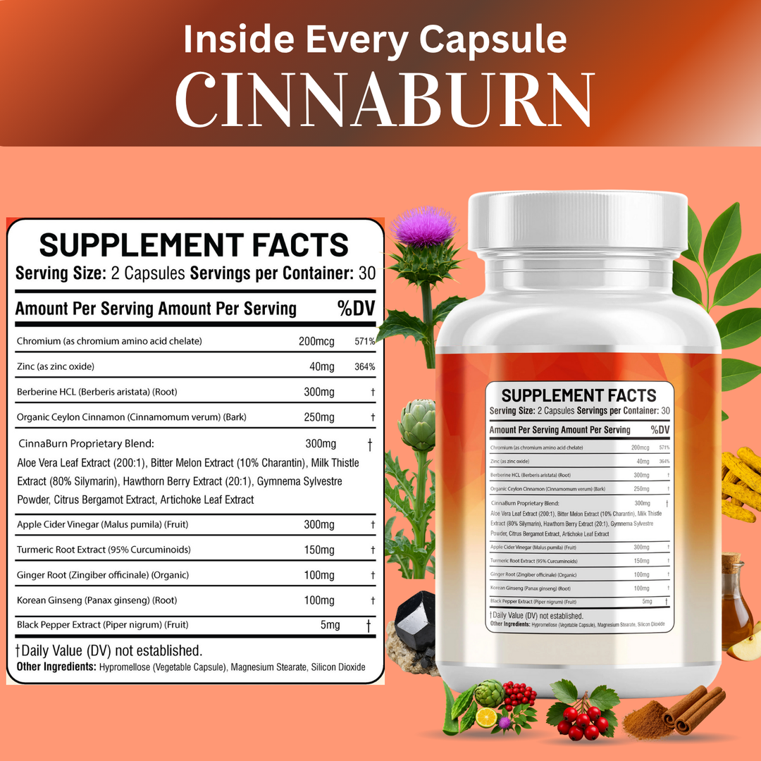 Ceylon Cinnamon, Apple Cider Vinegar, Korean Ginseng, Berberine & Turmeric – Blood Sugar & Metabolism Support - CinnaBurn – 60 Capsules-Kun-Shan®