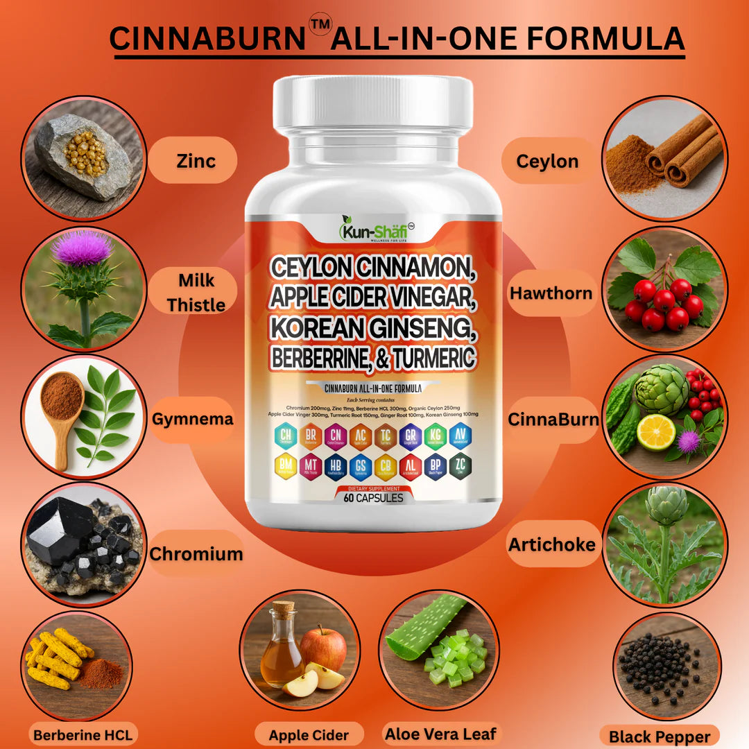 Blood sugar and metabolism support supplement - Kun Shafi CinnaBurn all-in-one formula 60 capsules
