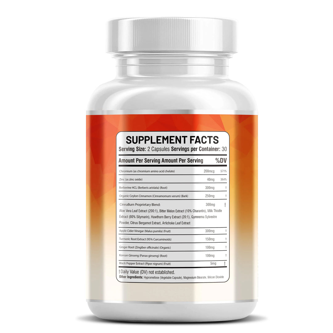 Ceylon Cinnamon, Apple Cider Vinegar, Korean Ginseng, Berberine & Turmeric – Blood Sugar & Metabolism Support - CinnaBurn – 60 Capsules-Kun-Shan®