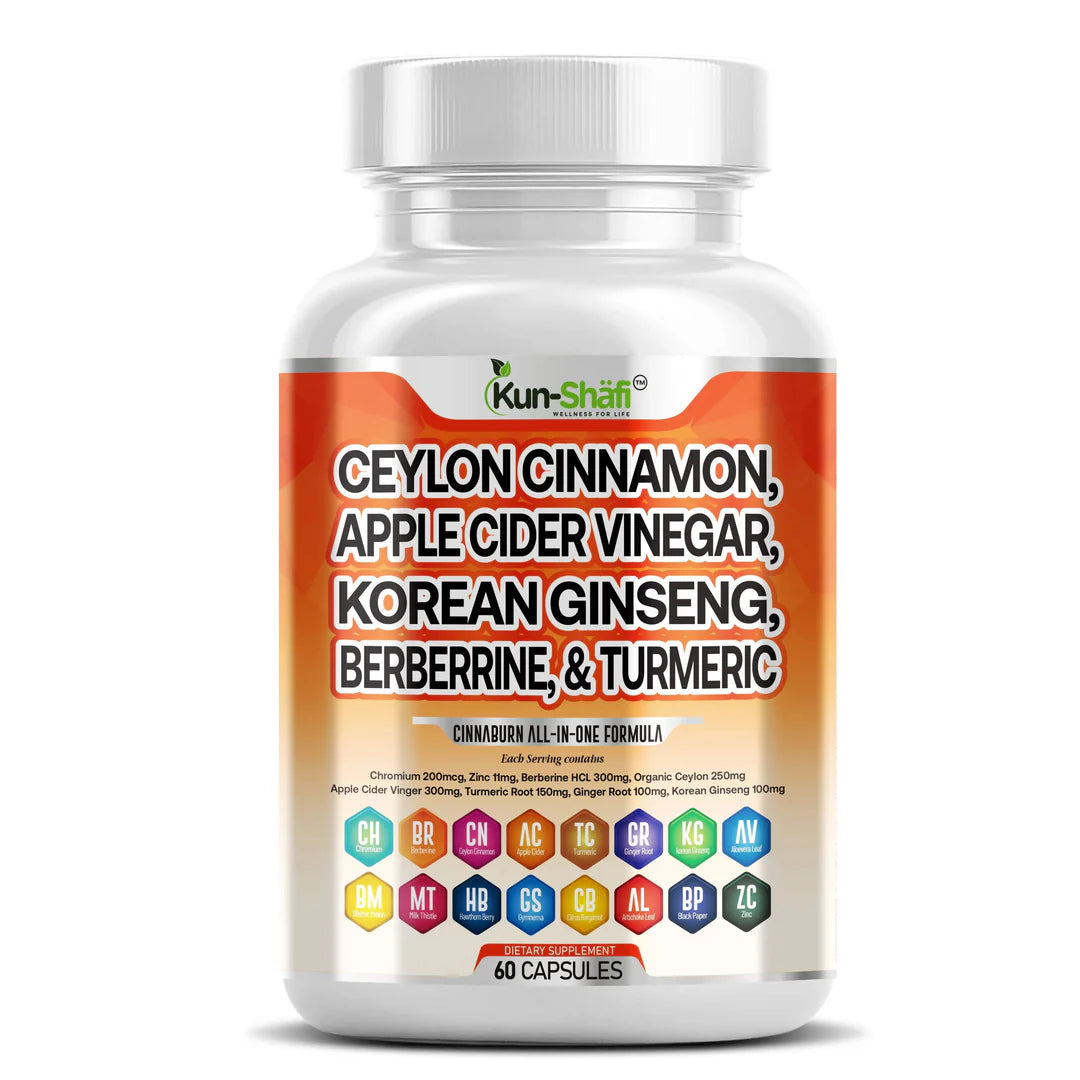 Kun Shafi CinnaBurn capsules with Ceylon cinnamon, apple cider vinegar, Korean ginseng, berberine and turmeric - blood sugar support, 60 count