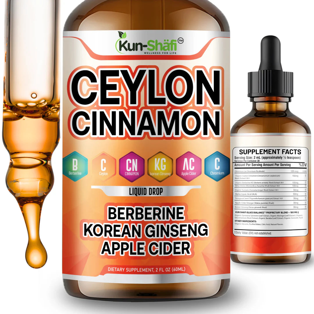 Kun Shafi Ceylon Cinnamon Liquid Drops with berberine, Korean ginseng, apple cider and chromium - metabolism and blood sugar support 60ml