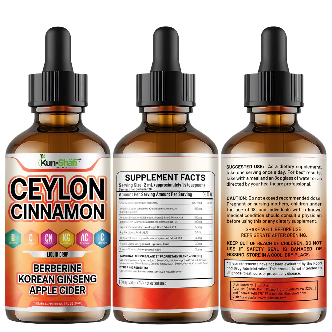 Kun Shafi Ceylon Cinnamon Liquid Drops with dropper and supplement facts - 60ml herbal blend
