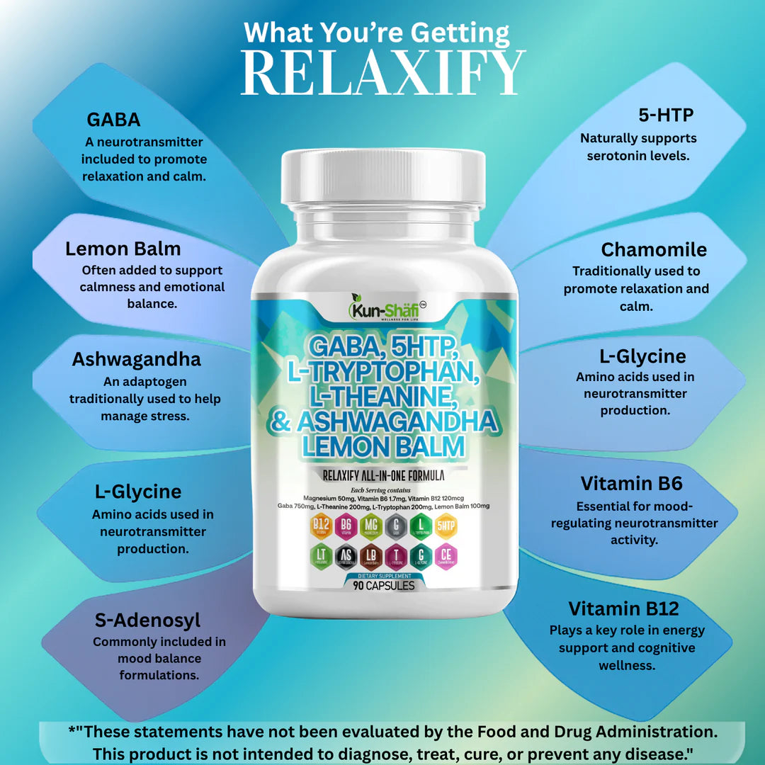Mood and sleep ingredients label: GABA, 5-HTP, L-theanine, L-tryptophan, ashwagandha - Kun Shafi