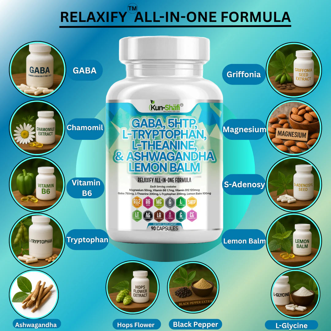 Natural mood booster and calming capsules - Kun Shafi Relaxify all-in-one formula 90 capsules