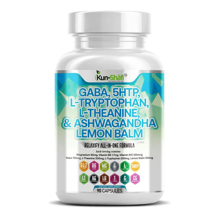 Kun Shafi GABA 750mg with 5-HTP, L-Theanine, L-Tryptophan, ashwagandha and lemon balm capsules - mood and sleep support, 90 count