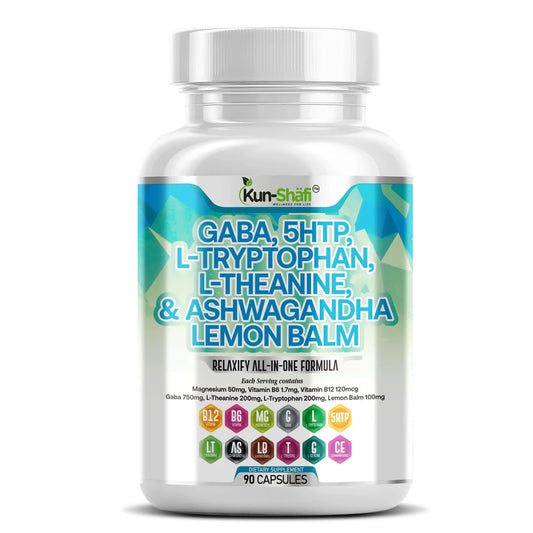 Kun Shafi GABA 750mg with 5-HTP, L-Theanine, L-Tryptophan, ashwagandha and lemon balm capsules - mood and sleep support, 90 count