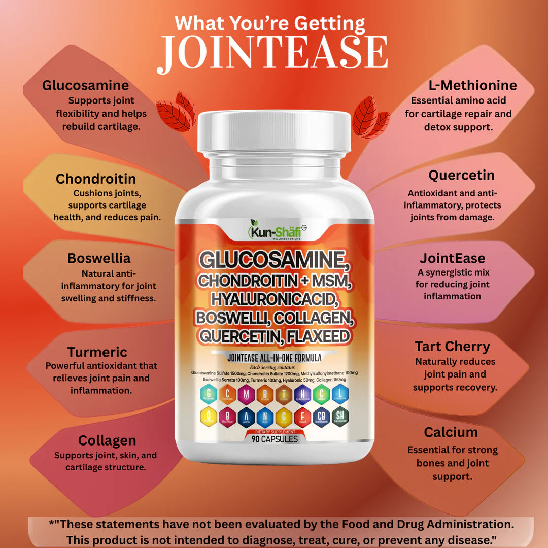 Joint care ingredients: glucosamine, chondroitin, MSM, boswellia, turmeric - Kun Shafi label