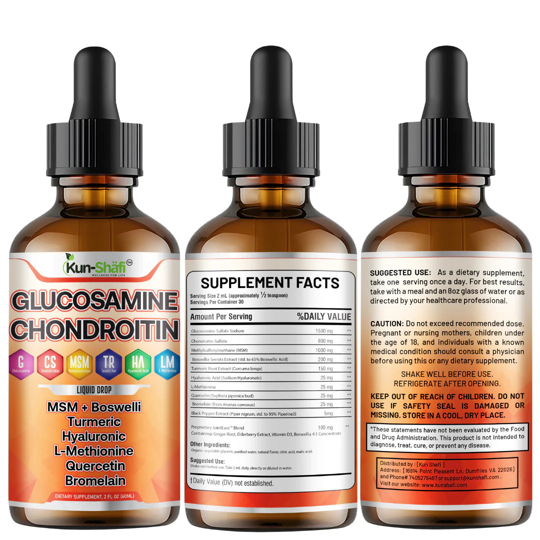 Kun Shafi Glucosamine Chondroitin Liquid Drops with dropper - 60ml fast absorbing joint formula