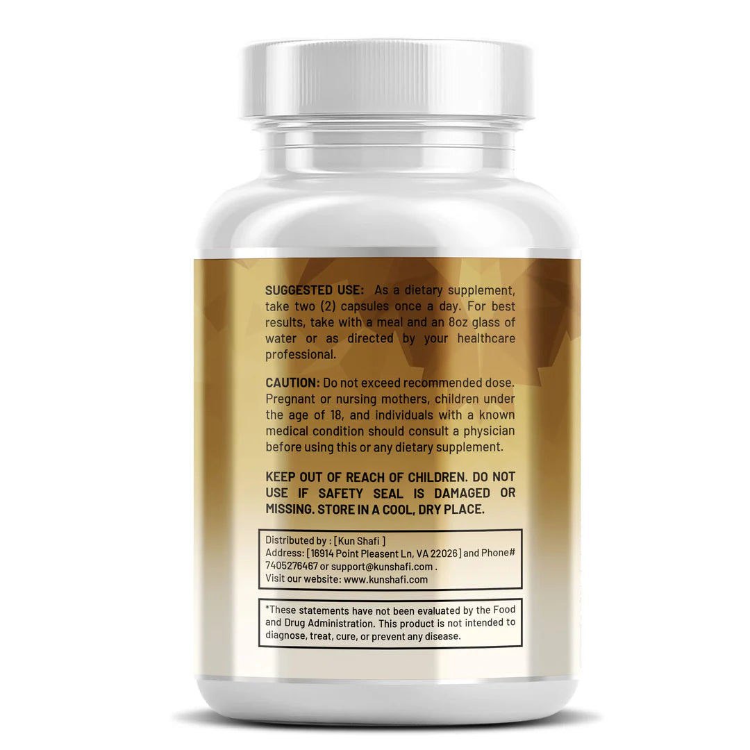 Kun Shafi Lion's Mane Mushroom supplement facts panel and dosage - 60 vegan capsules