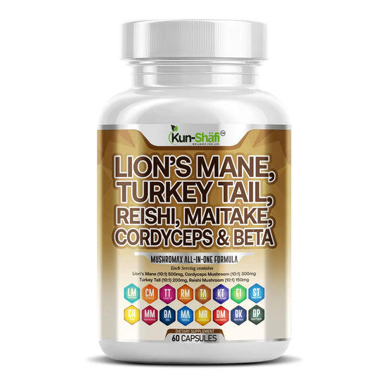 Kun Shafi Lion's Mane Mushroom with turkey tail, reishi, maitake and cordyceps capsules - brain and immunity support, 60 count