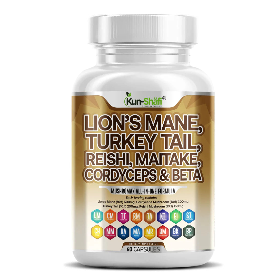 Kun Shafi Lion's Mane Mushroom with turkey tail, reishi, maitake and cordyceps capsules - brain and immunity support, 60 count