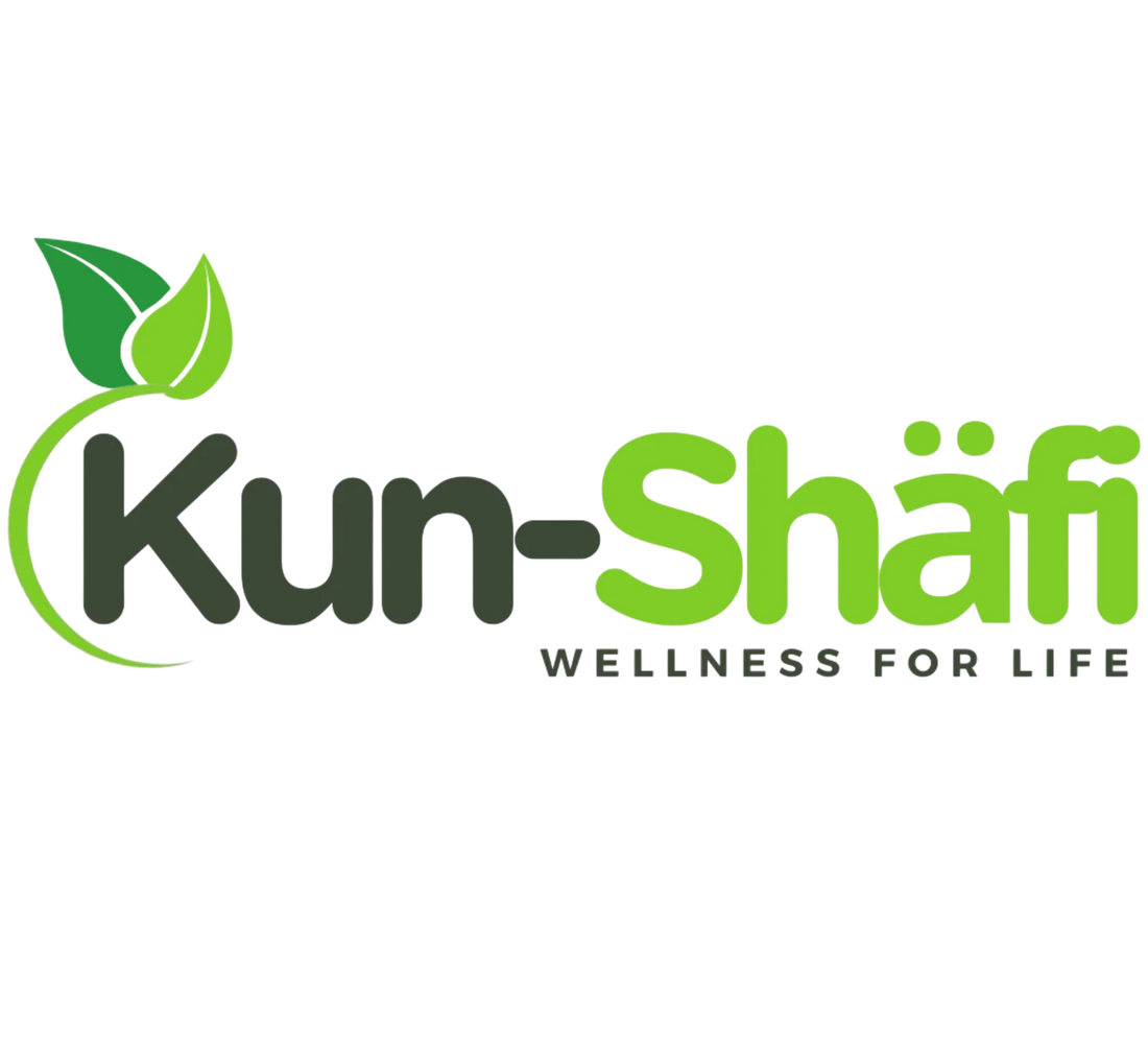 A logo on a white background with the words 'Kun-Shäfi' in dark green and bright green, plus the tagline 'WELLNESS FOR LIFE' and a leaf graphic.