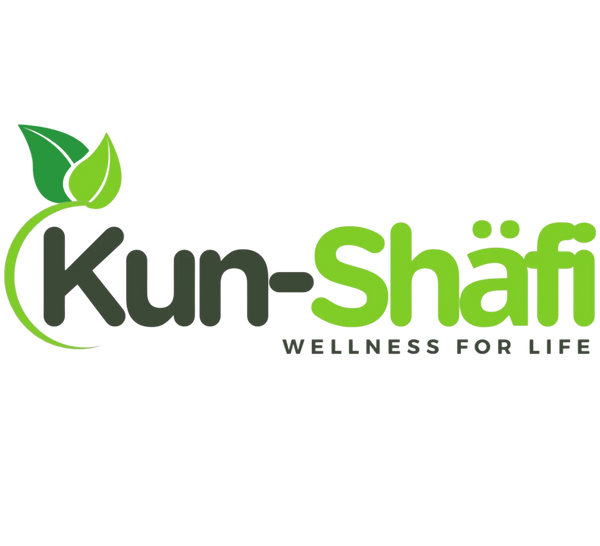 A logo on a white background with the words 'Kun-Shäfi' in dark green and bright green, plus the tagline 'WELLNESS FOR LIFE' and a leaf graphic.