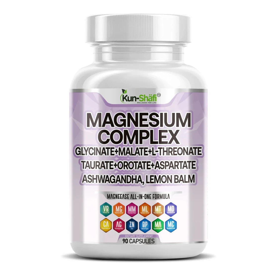 Kun Shafi Magnesium Complex with glycinate, malate, L-threonate and ashwagandha capsules - sleep and stress support, 90 count