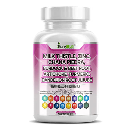 Kun Shafi Milk Thistle Liver Detox capsules with zinc, chanca piedra, burdock, beet root and artichoke - 90 count bottle
