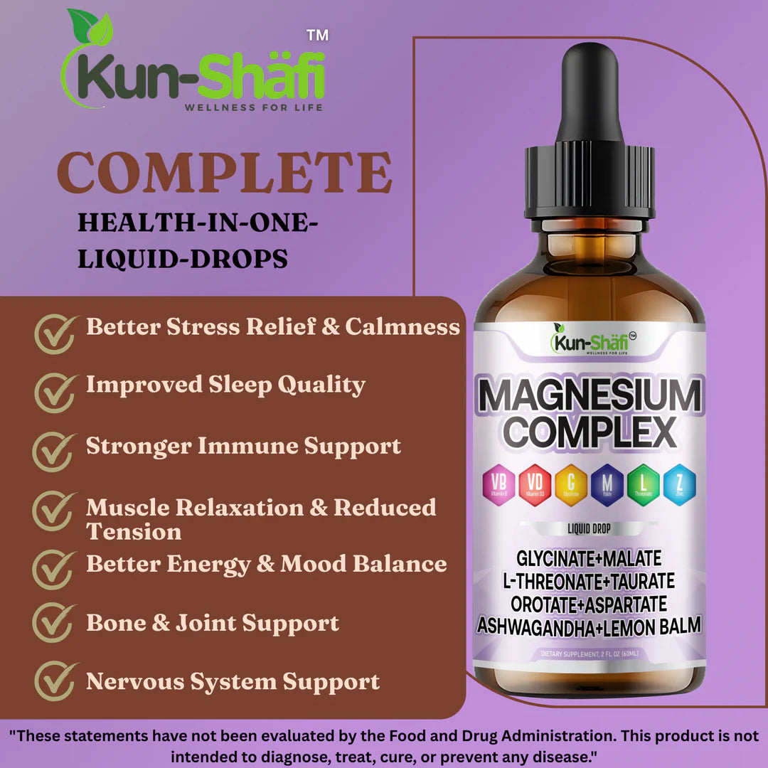 Magnesium drops ingredients label: glycinate, malate, L-threonate, taurate, ashwagandha, lemon balm - Kun Shafi
