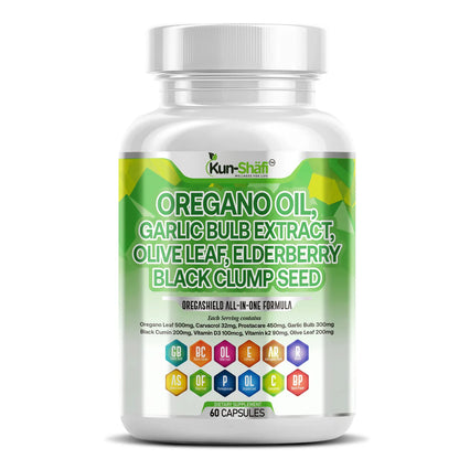 Kun Shafi Oregano Oil capsules with garlic, olive leaf, elderberry and black seed - immune support supplement, 60 count bottle
