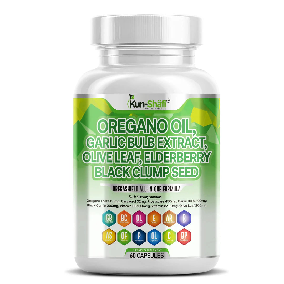 Kun Shafi Oregano Oil capsules with garlic, olive leaf, elderberry and black seed - immune support supplement, 60 count bottle