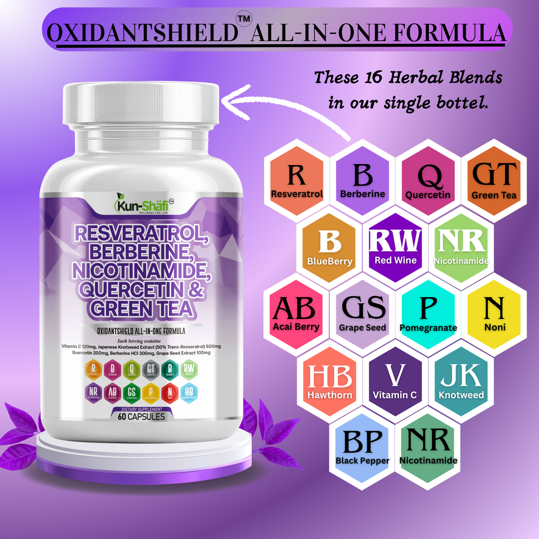 Resveratrol + Berberine + Quercetin + Green Tea + Nicotinamide – Antioxidant & Immune Support Supplement – Kun-Shafi® – 60 Capsules
