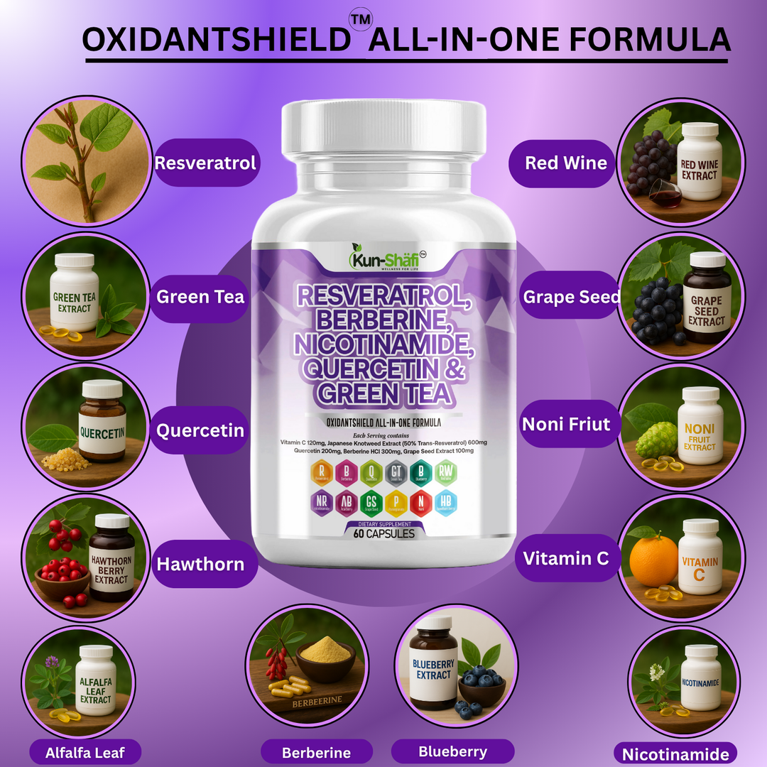 Resveratrol + Berberine + Quercetin + Green Tea + Nicotinamide – Antioxidant & Immune Support Supplement – Kun-Shafi® – 60 Capsules