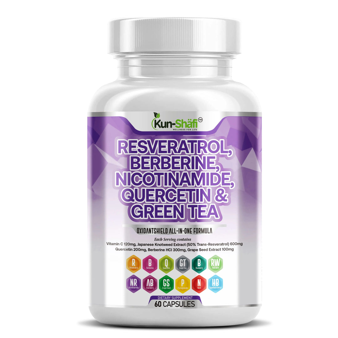 Resveratrol + Berberine + Quercetin + Green Tea + Nicotinamide – Antioxidant & Immune Support Supplement – Kun-Shafi® – 60 Capsules
