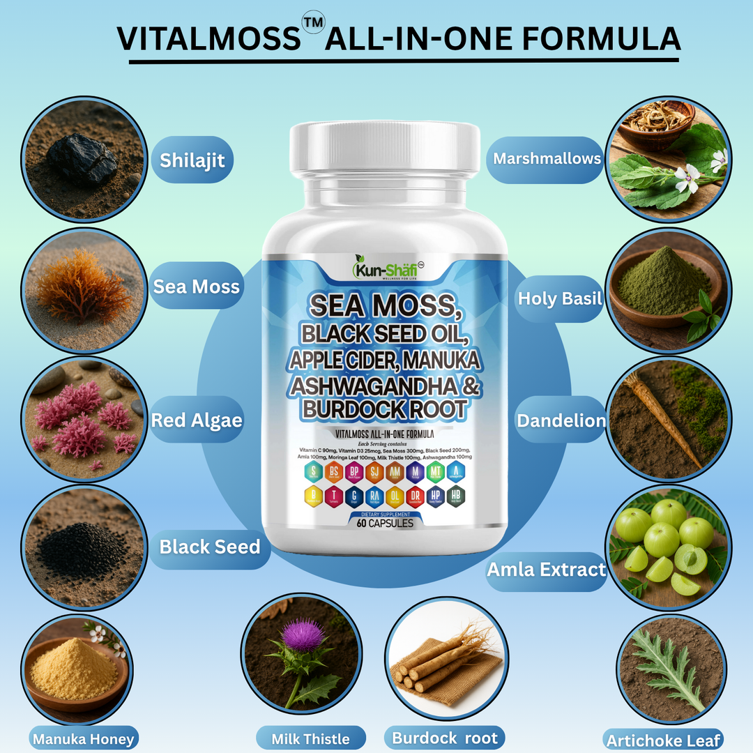 Sea Moss + Black Seed Oil Capsules with Ashwagandha & Burdock Root — Immune, Energy & Skin Support