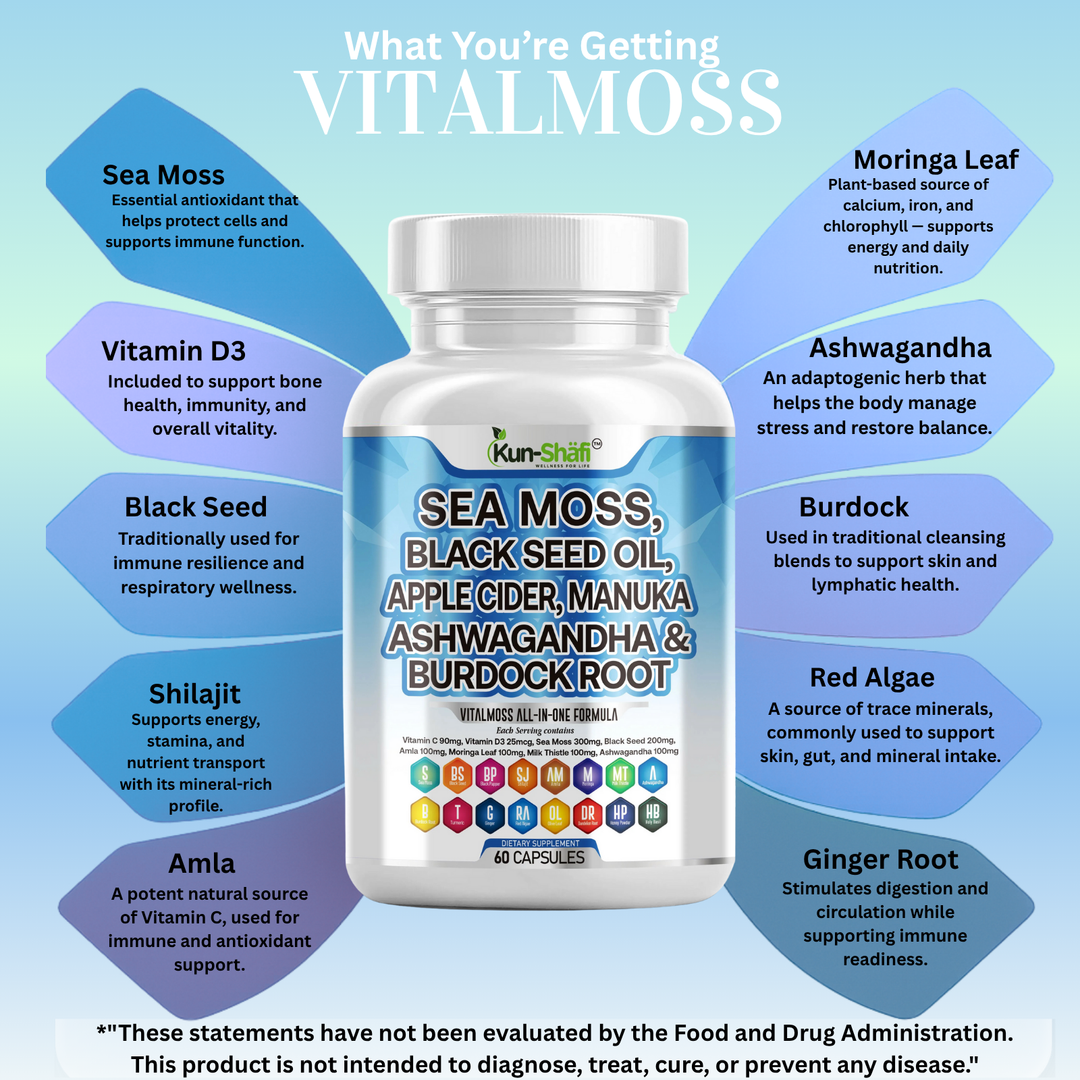 Sea Moss + Black Seed Oil Capsules with Ashwagandha & Burdock Root — Immune, Energy & Skin Support