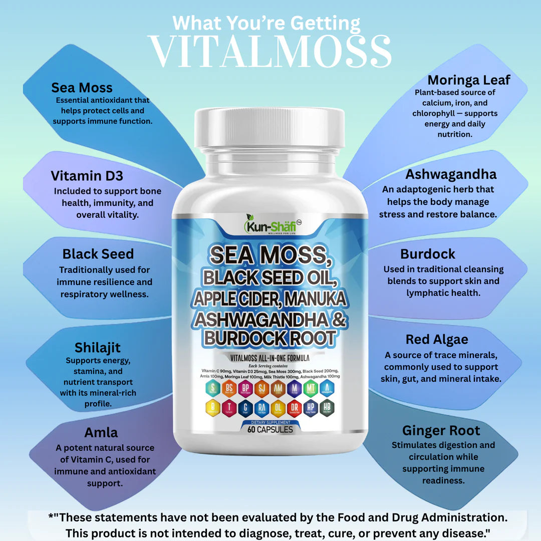 Sea Moss ingredients label: black seed oil, ashwagandha, burdock root, cordyceps - Kun Shafi