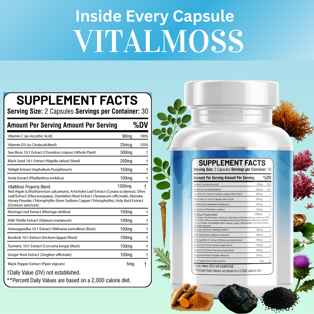 Sea Moss + Black Seed Oil Capsules with Ashwagandha & Burdock Root — Immune, Energy & Skin Support