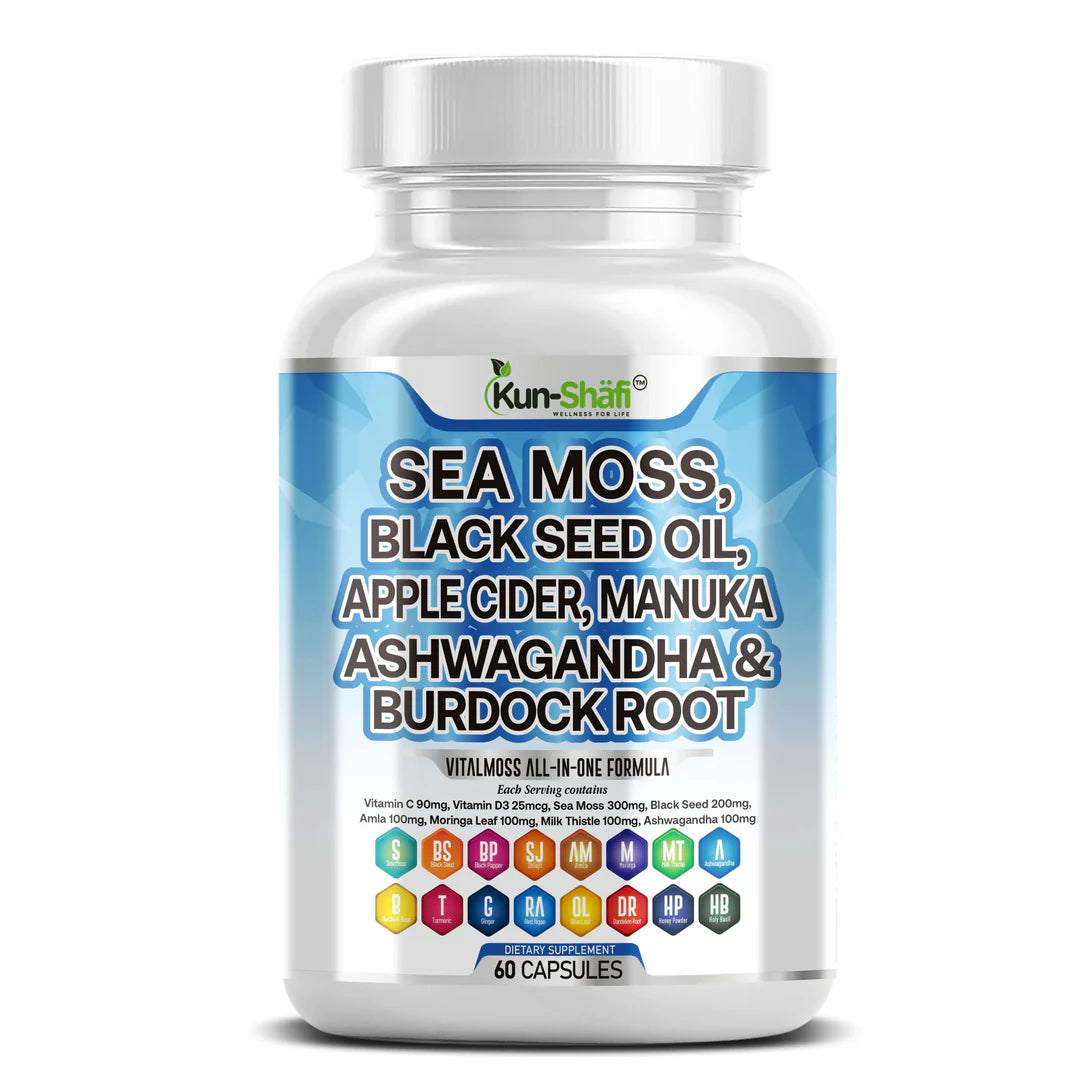 Kun Shafi Sea Moss with black seed oil, ashwagandha and burdock root capsules - immune, energy and skin support