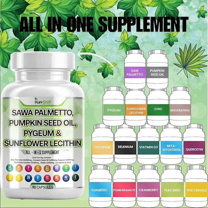 Saw Palmetto 10000mg Pumpkin Seed Oil 3000mg Pygeum 3000mg Sunflower Lecithin 3000mg Stinging Nettle Cranberry  for Men with Lycopene - 60 Caps