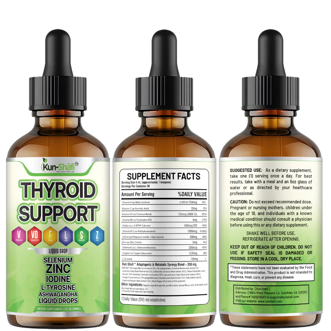 Kun Shafi Thyroid Support Liquid Drops with dropper - 60ml fast absorption natural blend