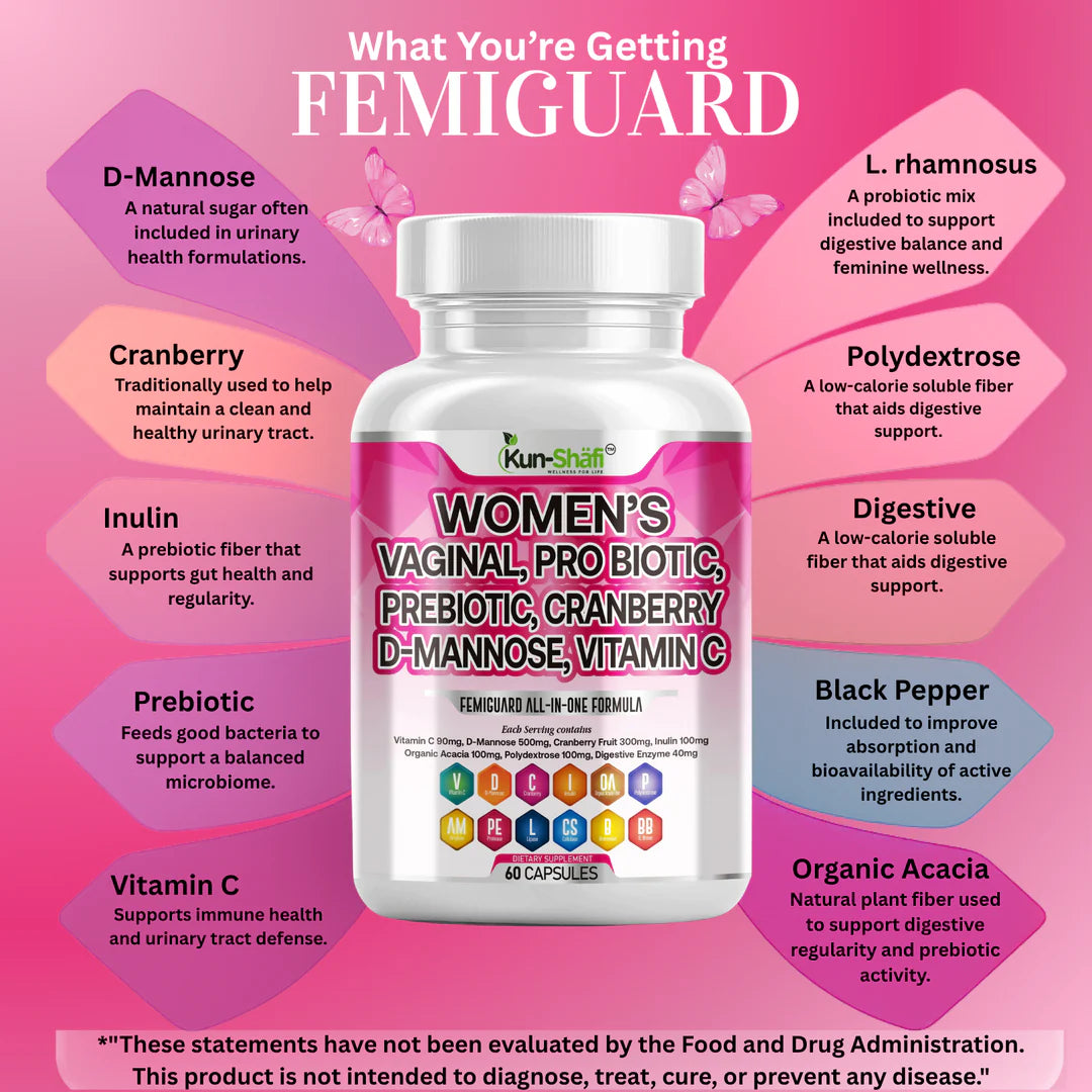 Women's Vaginal Probiotic ingredients label with prebiotic, cranberry, D-mannose, vitamin C - Kun Shafi