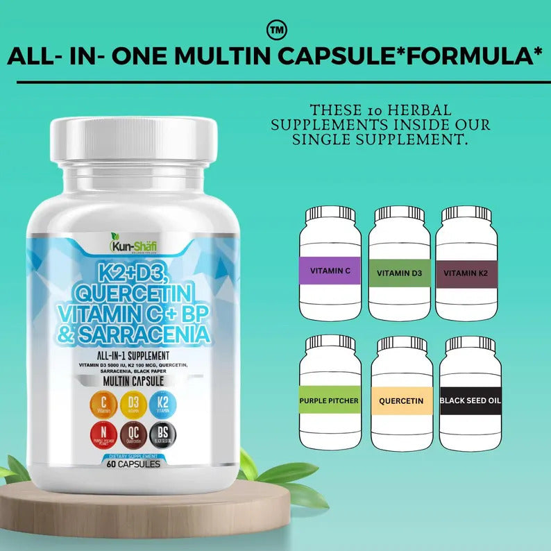 K2 + D3 Quercetin & Vitamin C with BP & Sarracenia – Immune Support, Bone Health & Antioxidant Supplement | Pack of 2  Kun-shafi